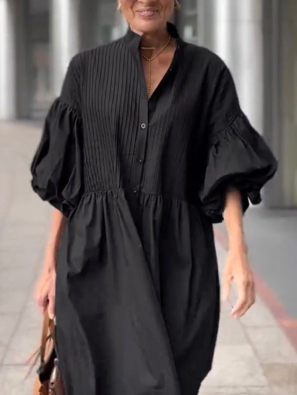 Half Sleeves Loose Buttoned Pleated Solid Color Tied Waist Stand Collar Maxi Dresses