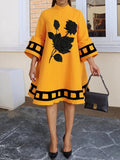 A-Line Flared Sleeves Flower Print Split-Joint Mock Neck Midi Dresses
