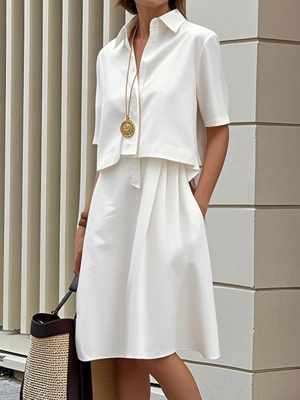 False Two Half Sleeves Buttoned Solid Color Lapel Midi Dresses Shirt Dress