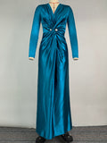 Solid Color Bodycon Long Sleeves Pleated  Split-Front Tied Waist Deep V-Neck Maxi Dresses