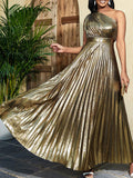 High Waisted Loose Asymmetric Pleated Shiny Solid Color One-shoulder Maxi Dresses