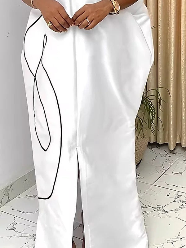 Half Sleeves Loose Elasticity Printed Split-Front Stand Collar Maxi Dresses