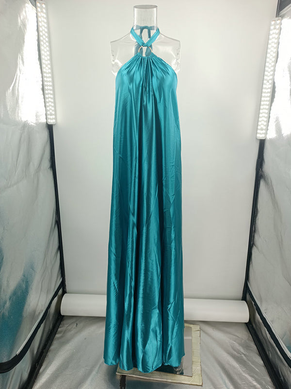 A-Line Loose Backless Solid Color Tied Halter-Neck Maxi Dresses