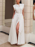 Cap Sleeve Loose Buttoned Solid Color Split-Side Tied Waist Maxi Dresses Shirt Dress