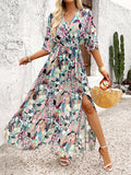Half Sleeves Loose Flower Print Split-Side Tied Waist V-Neck Maxi Dresses