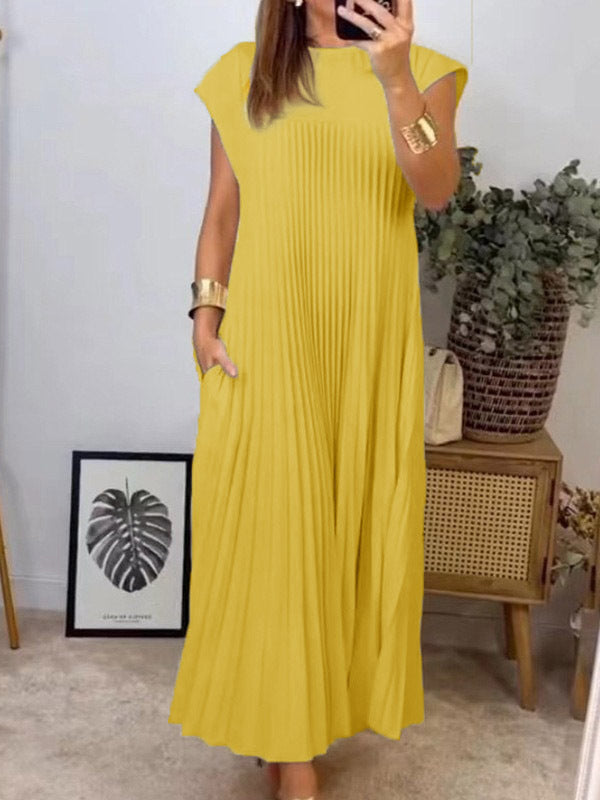 A-Line High Waisted Pleated Pockets Solid Color Split-Joint Round-Neck Maxi Dresses