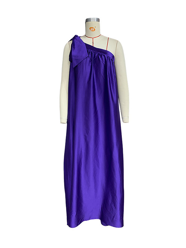 A-Line Loose Asymmetric Pleated Solid Color Tied One-Shoulder Maxi Dresses