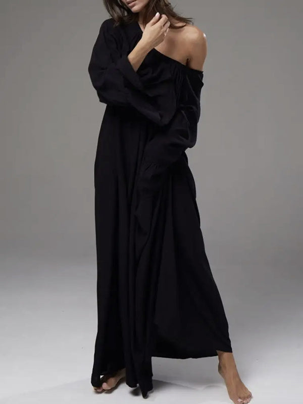 Flared Sleeves Loose Pleated Solid Color Split-Joint Round-Neck Maxi Dresses