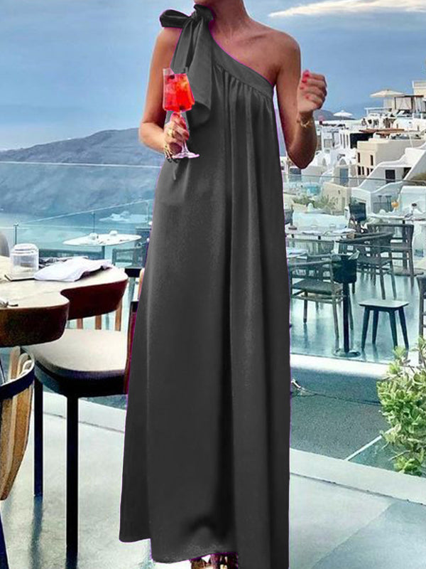 A-Line Loose Asymmetric Pleated Solid Color Tied One-Shoulder Maxi Dresses