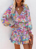 A-Line Long Sleeves Contrast Color Flower Print Pleated Split-Joint Tied V-Neck Mini Dresses
