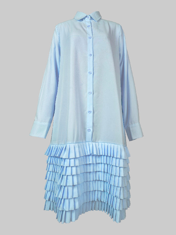 A-Line Long Sleeves Layered Pleated Pockets Solid Color Split-Joint Lapel Midi Dresses Shirt Dress