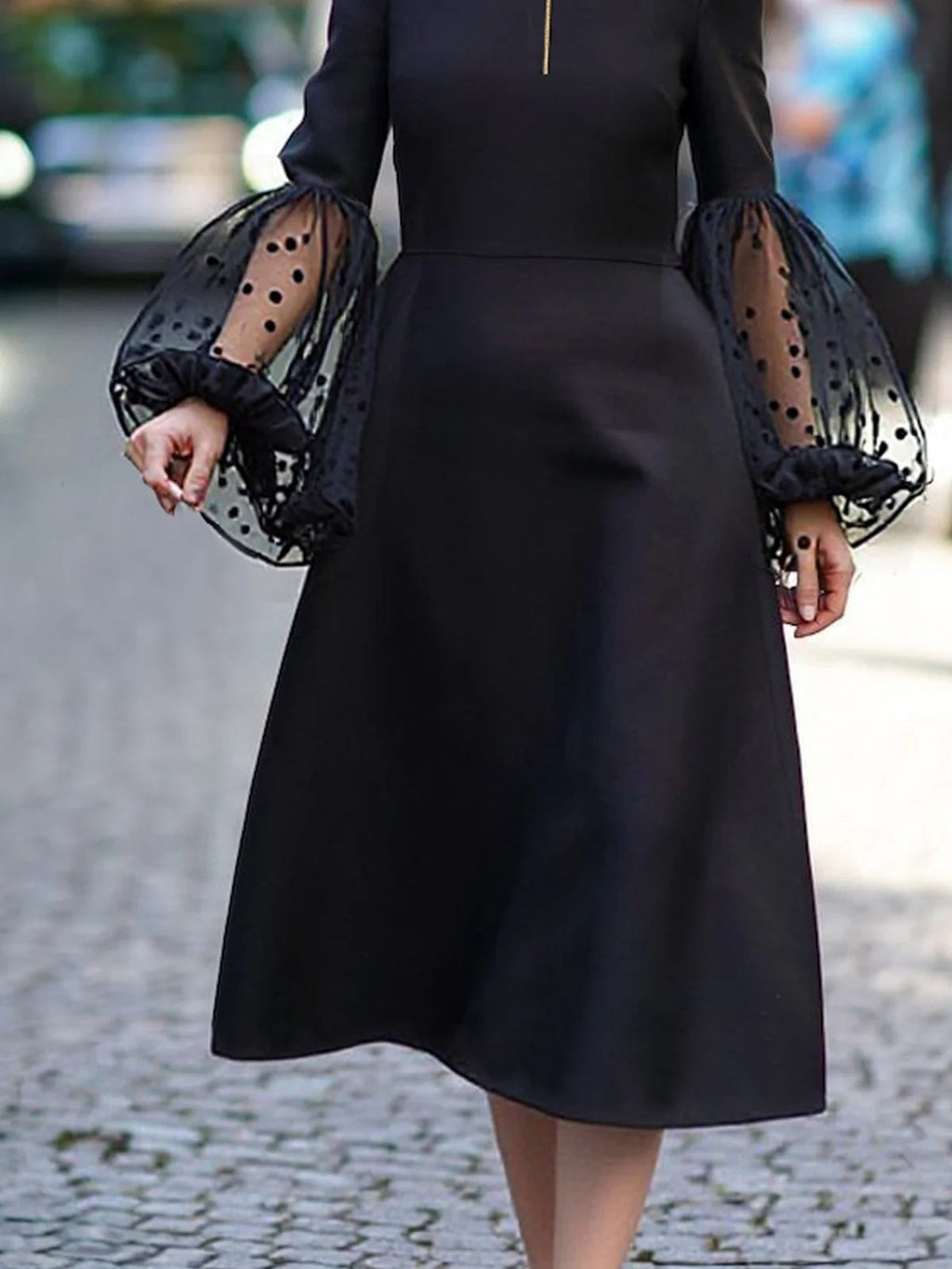 A-Line Long Sleeves Mesh Patchwork Polka-Dot Split-Joint Zipper Round-Neck Midi Dresses