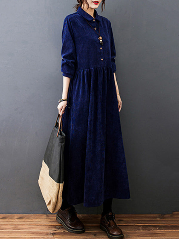 Vintage Split-Joint Solid Color Long Sleeves Lapel A-Line Corduroy Midi Dress