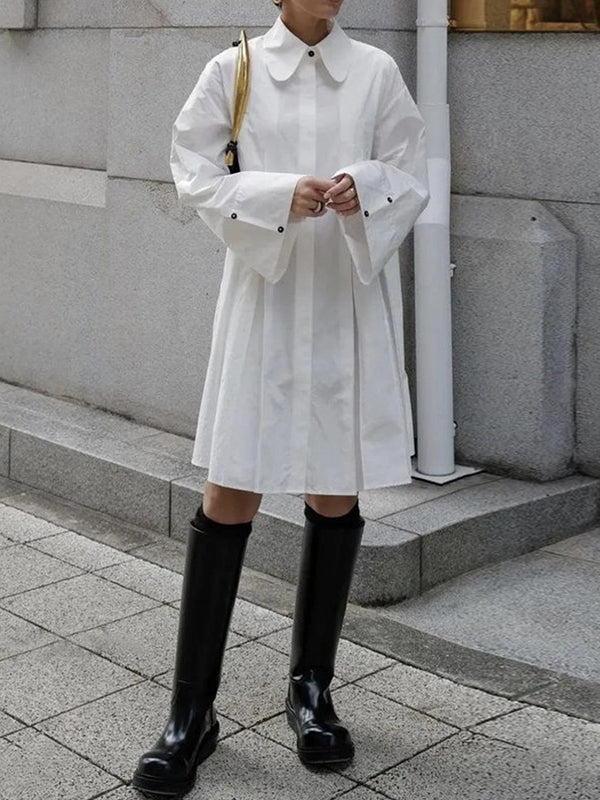 Long Sleeves Buttoned Pleated Solid Color Lapel Midi Dresses Shirt Dress