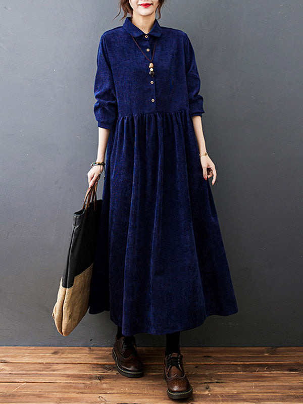 Vintage Split-Joint Solid Color Long Sleeves Lapel A-Line Corduroy Midi Dress