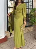 Bodycon Nine-Minute Sleeve Pleated Solid Color V-Neck Maxi Dresses