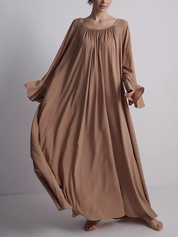 A-Line Flared Sleeves Pleated Solid Color Split-Joint Round-Neck Maxi Dresses