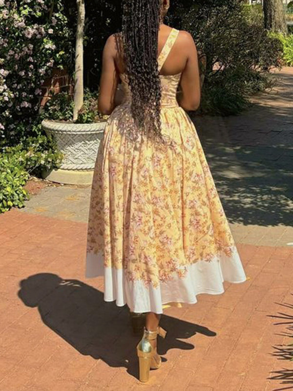 A-Line High Waisted Buttoned Flower Print Pleated Zipper Spaghetti-Neck Maxi Dresses