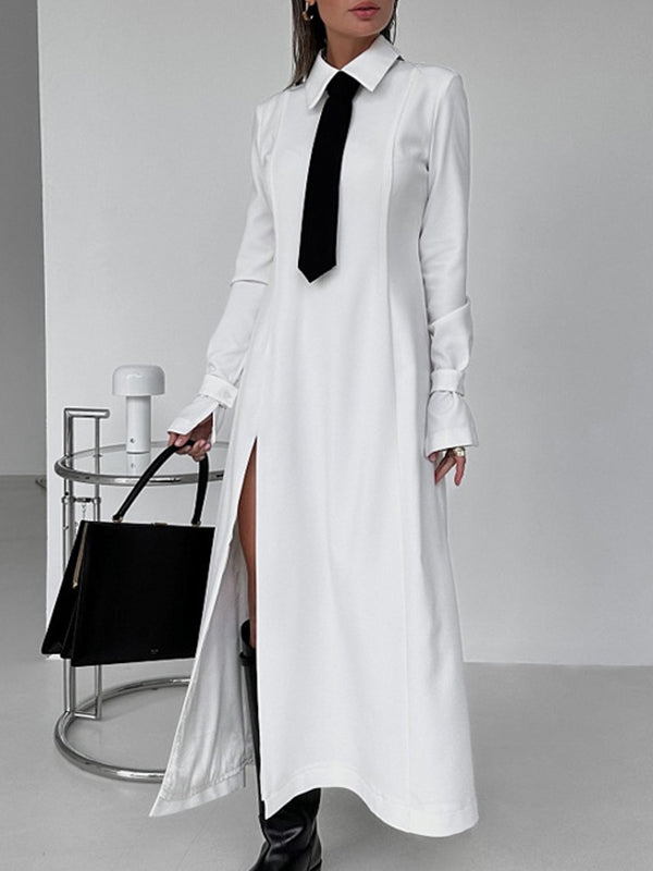 A-Line Flared Sleeves Buttoned Solid Color Split-Joint Split-Side Lapel Maxi Dresses Shirt Dress