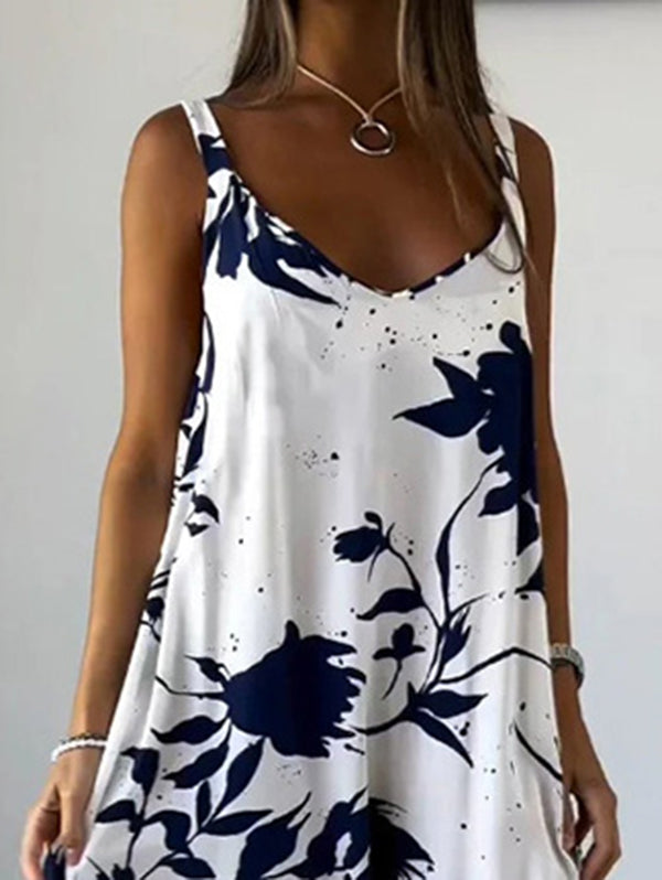 Loose Plus Size Floral Printed Split-Joint Spaghetti-Neck Maxi Dresses