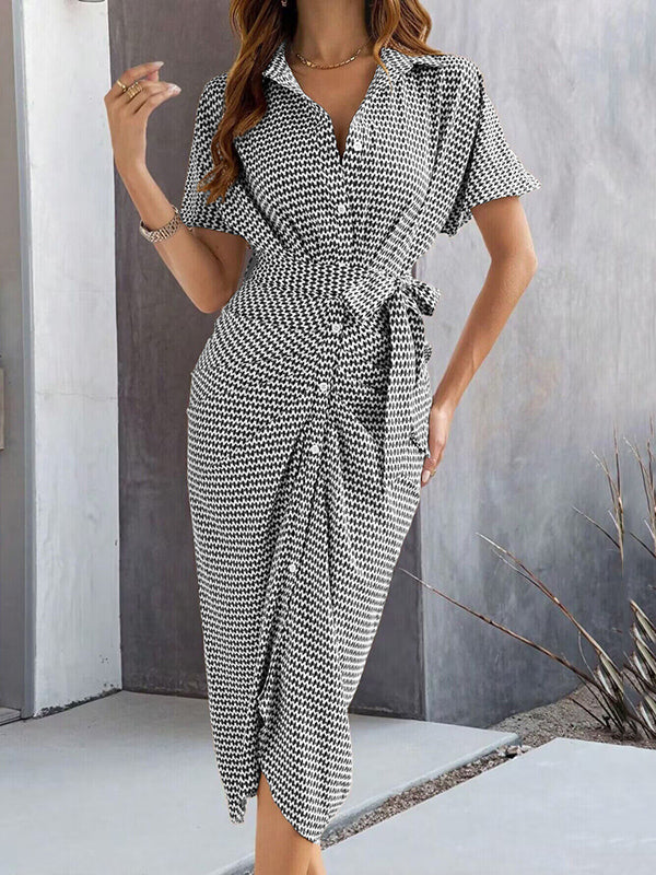 Half Sleeves High Waisted Buttoned Pleated Tied Waist V-Neck Midi Dresses