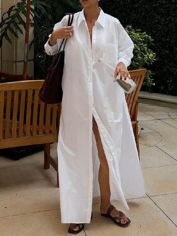 Long Sleeves Loose Buttoned Solid Color Split-Side Lapel Maxi Shirt Dress