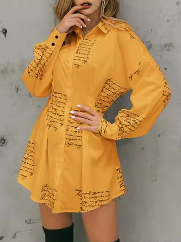 Long Sleeves Loose Letter Print Pleated Split-Joint Lapel Mini Dresses Shirt Dress