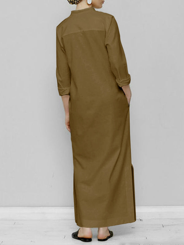 Long Sleeves Loose Solid Color Split-Joint V-Neck Maxi Dresses