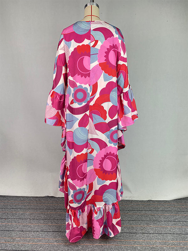 Batwing Sleeves Loose Flower Print Pleated Split-Joint Round-Neck Maxi Dresses