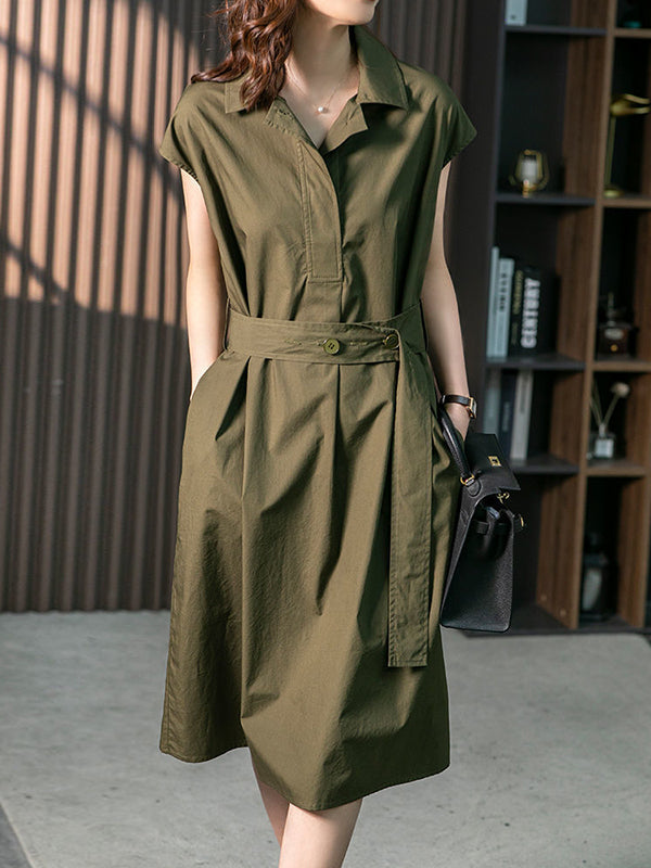 Plus Size Short Sleeves Bandage Solid Color Lapel Midi Dresses