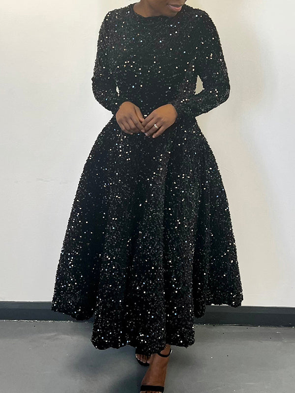 A-Line High Waisted Sequined Split-Joint Zipper Round-Neck Maxi Dresses