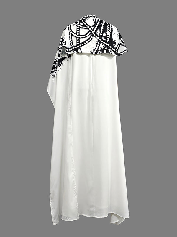 A-Line Capelet Contrast Color Printed Mock Neck Maxi Dresses