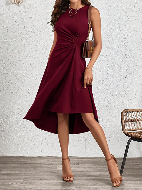 A-Line High Waisted Asymmetric Pleated Solid Color Split-Joint Round-Neck Midi Dresses