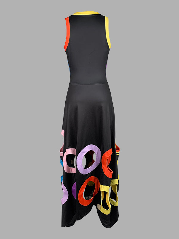 A-Line High Waisted Contrast Color Hollow Round-Neck Maxi Dresses