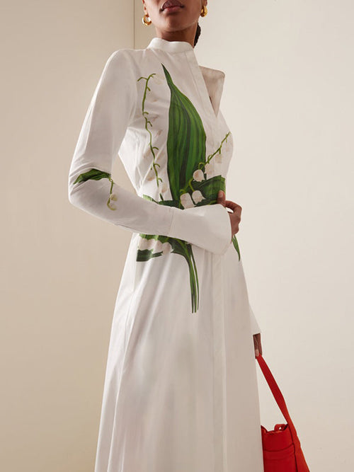 A-Line Long Sleeves Buttoned Flower Print Round-Neck Maxi Dresses