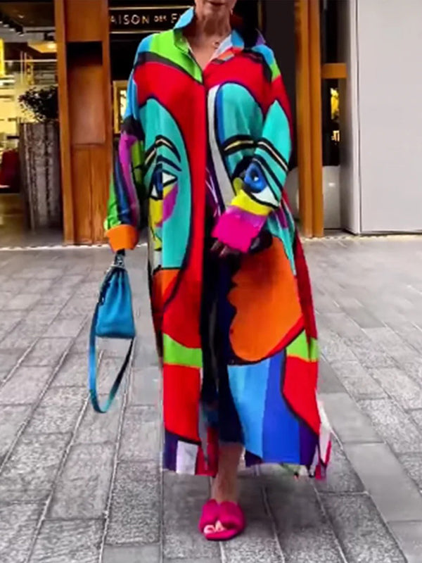 Irregular Clipping Loose Abstract Printed Multi-Colored Lapel Maxi Dresses Shirt Dress