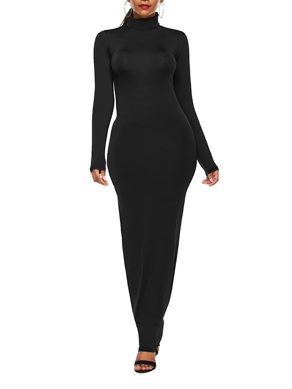 Bodycon Long Sleeves Solid Color High Neck Maxi Dresses