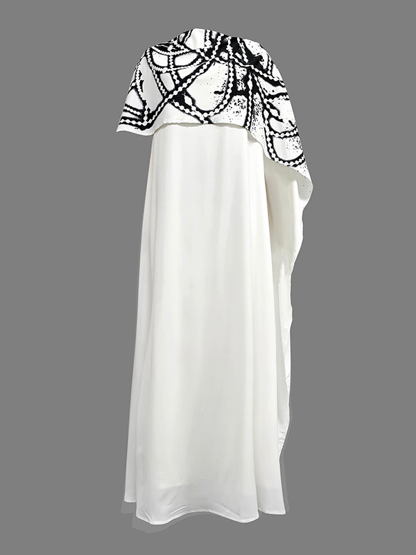 A-Line Capelet Contrast Color Printed Mock Neck Maxi Dresses