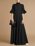 A-Line Flared Sleeves Pleated Solid Color Mock Neck Maxi Dresses