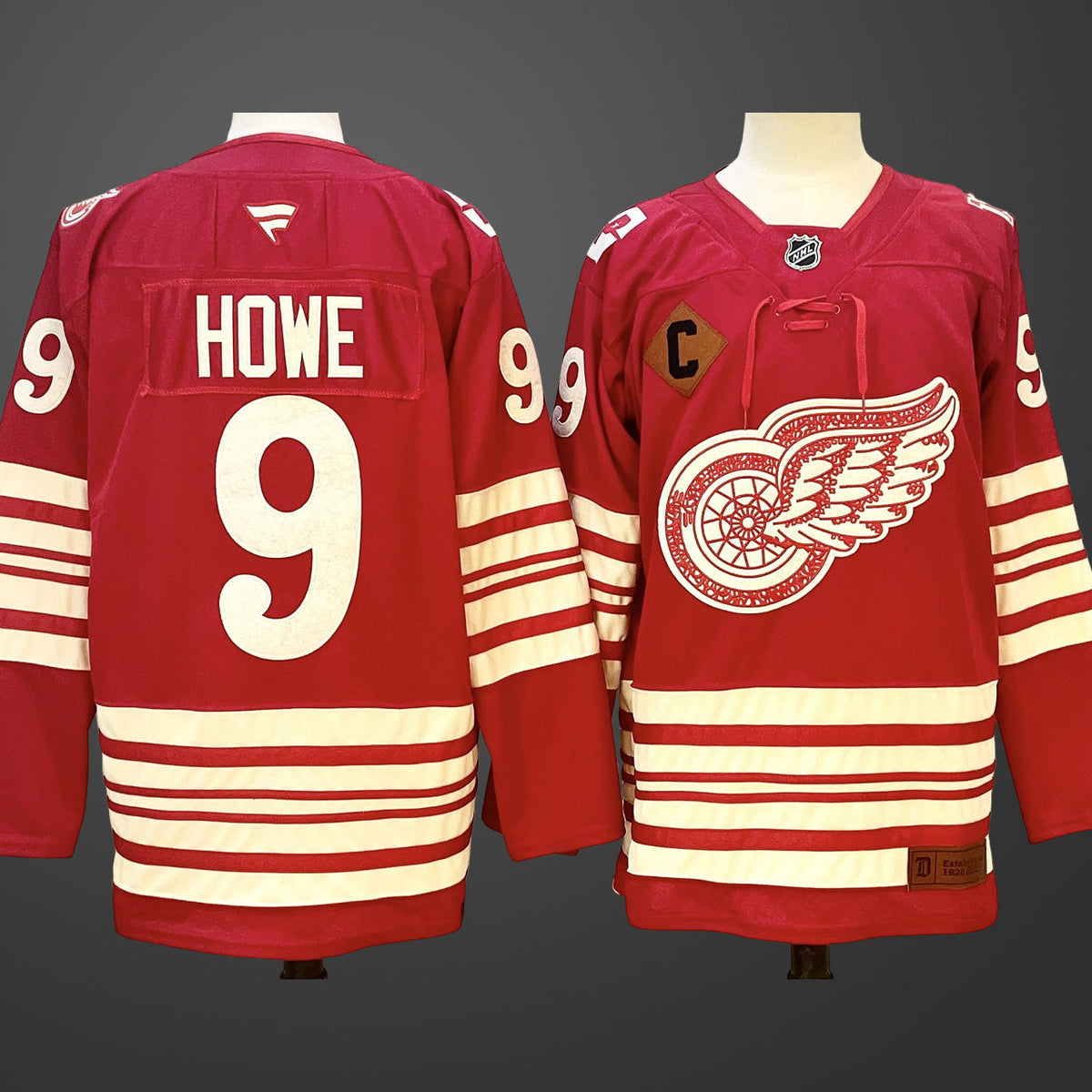 Men’s Detroit Red Wings #9 Gordie Howe Red 2025-26 With C Patch Centennial Premium Jersey
