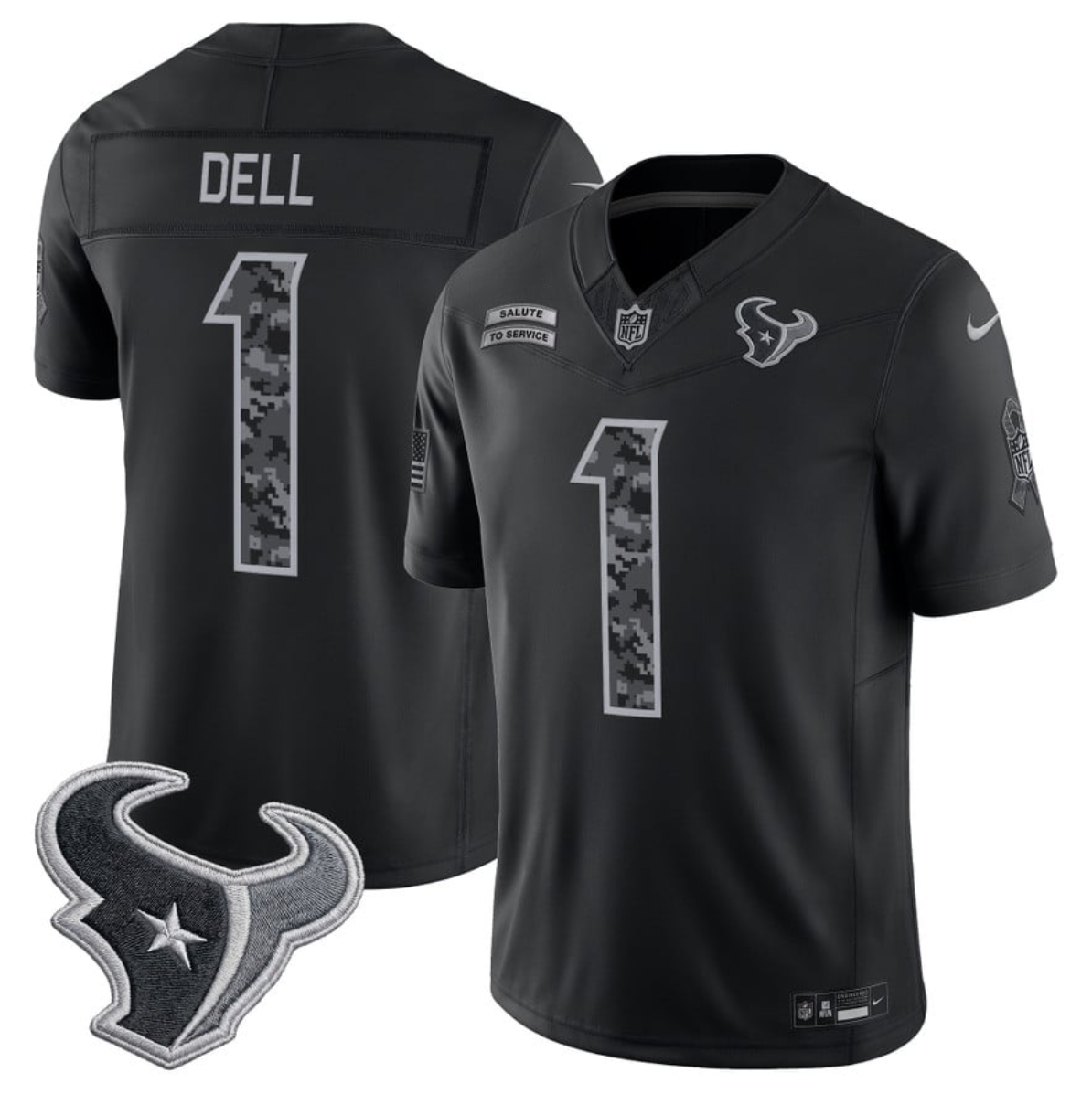 Men’s Houston Texans #1 Tank Dell 2026 Salute to Service Black Limited Stitched Jersey