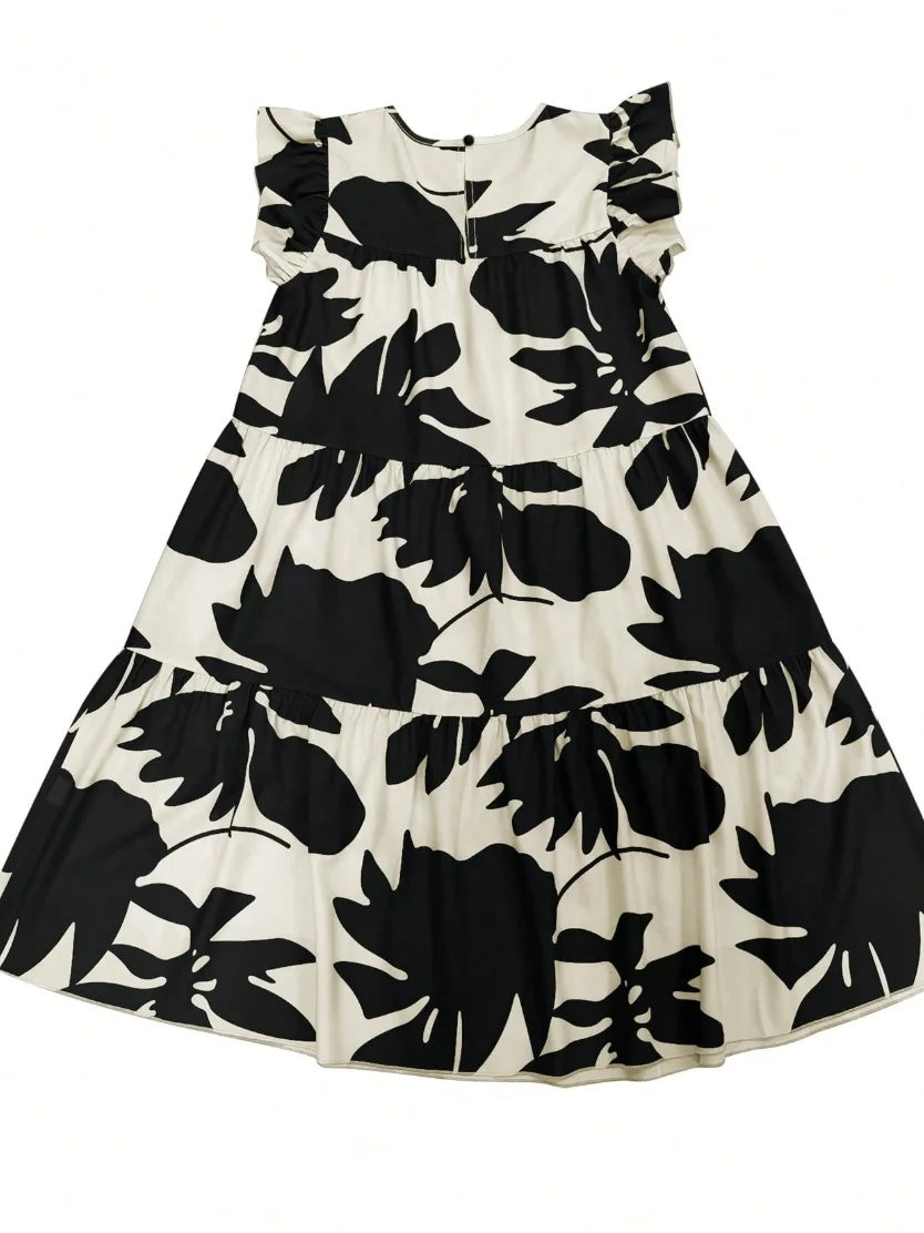 Loose Ruffle Sleeves Flower Print Pleated Round-Neck Midi Dresses