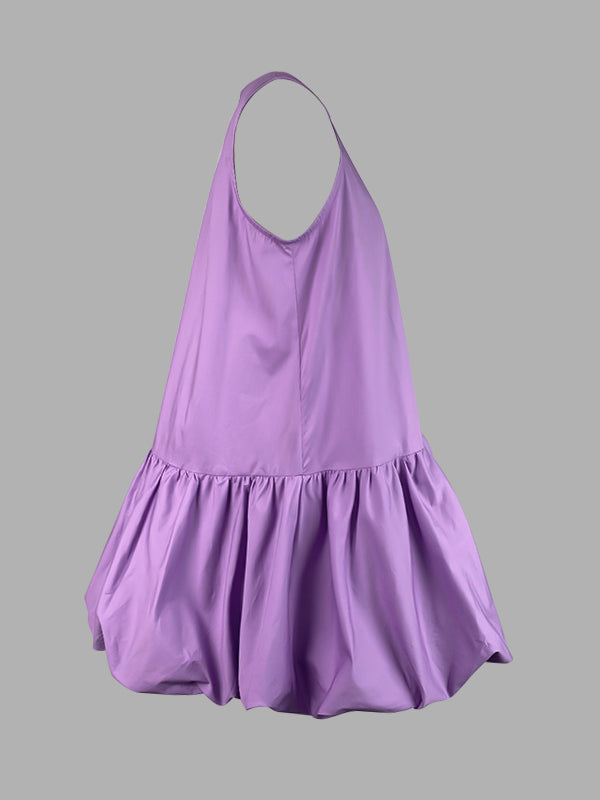 High Waisted Loose Pleated Solid Color Round-Neck Mini Dresses