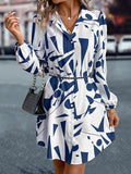 Loose Puff Sleeves Printed Split-Joint Lapel Mini Dresses Shirt Dress