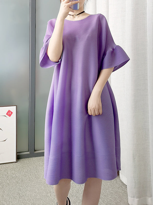 A-line Flared Sleeves Pleated Solid Color Round-neck Maxi Dresses Midi Dresses