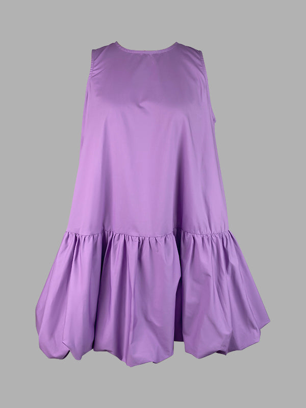 High Waisted Loose Pleated Solid Color Round-Neck Mini Dresses