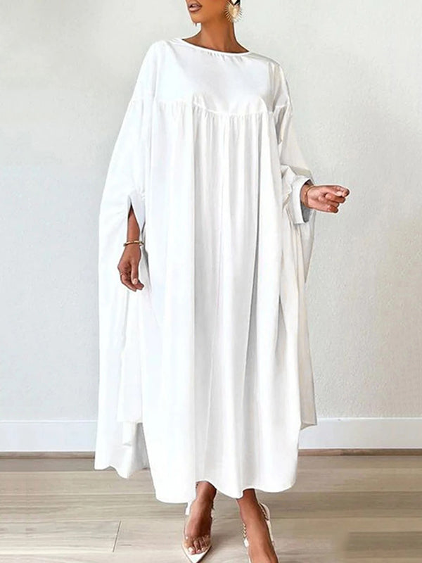 Batwing Sleeves Long Sleeves Solid Color Round-Neck Maxi Dresses