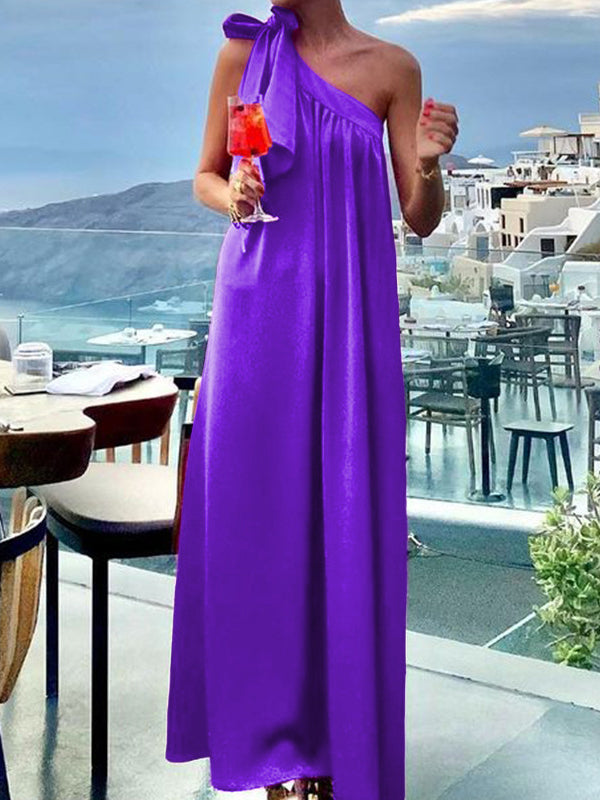 A-Line Loose Asymmetric Pleated Solid Color Tied One-Shoulder Maxi Dresses