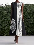 Loose Sleeveless Asymmetric Contrast Color Printed Round-Neck Maxi Dresses