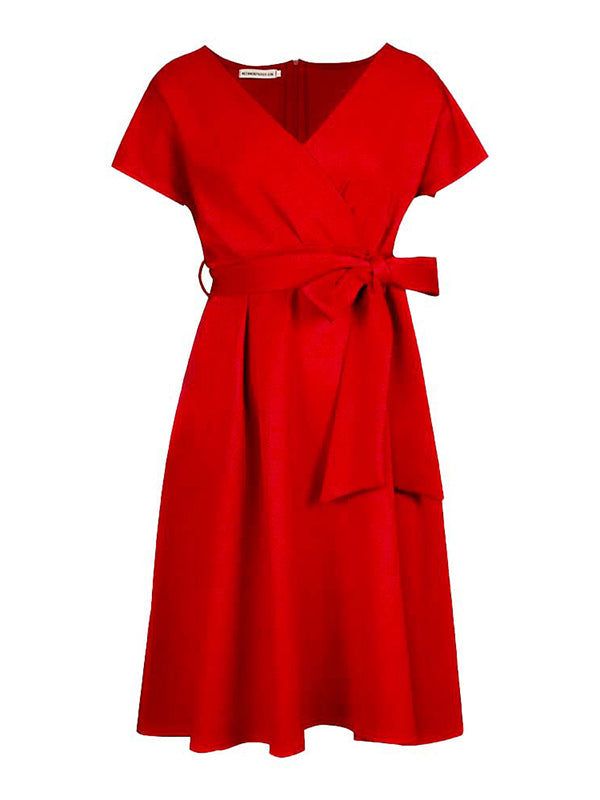 Bowknot Lace-Up Solid Color V-Neck Midi Dresses